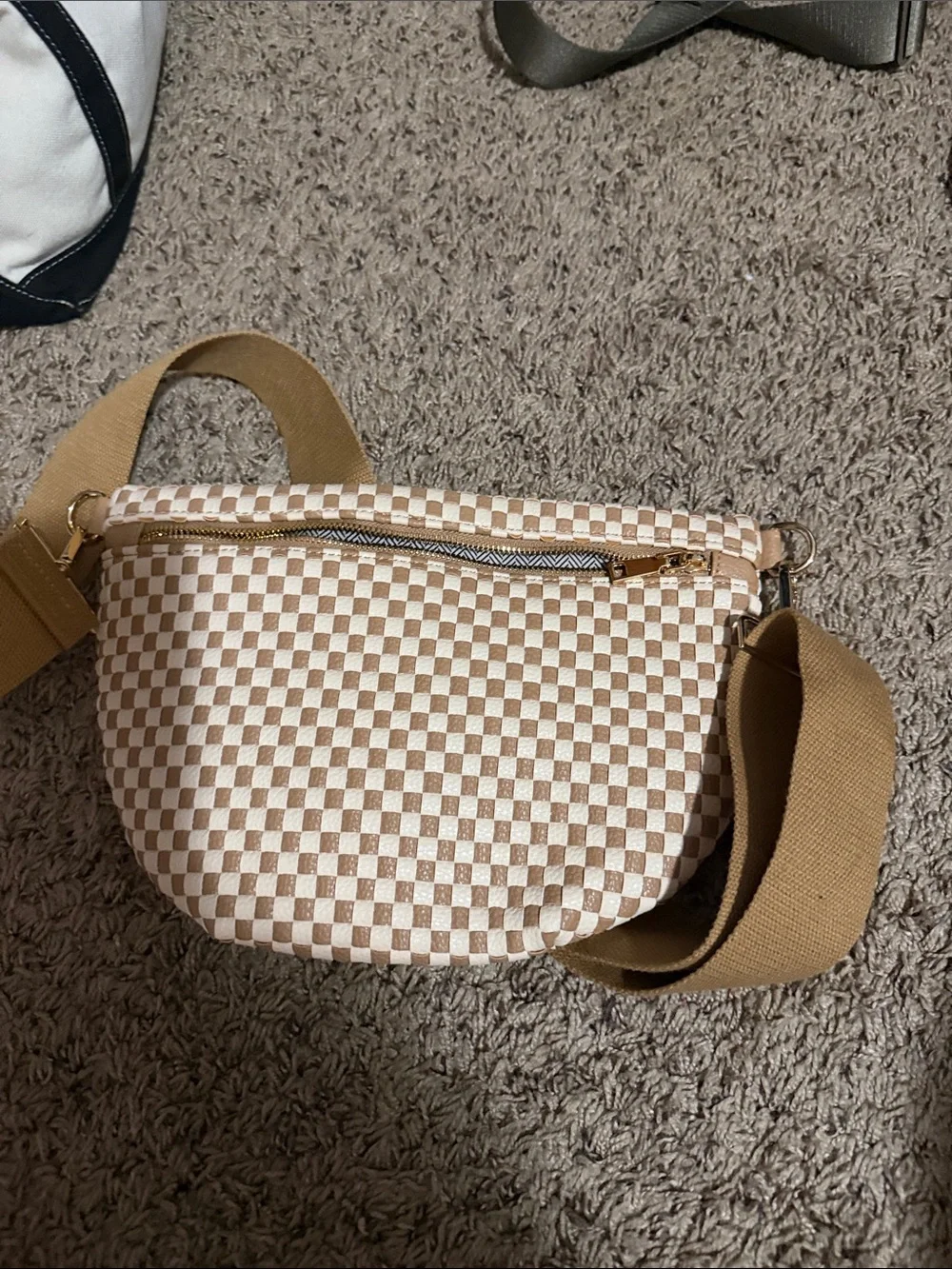 Checkered Canvas Crossbody Bag in Beige & White